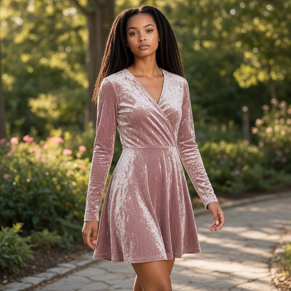 Forever 21 Pink Crushed Velvet Long Sleeve Skater Dress S Coquette Holiday Party